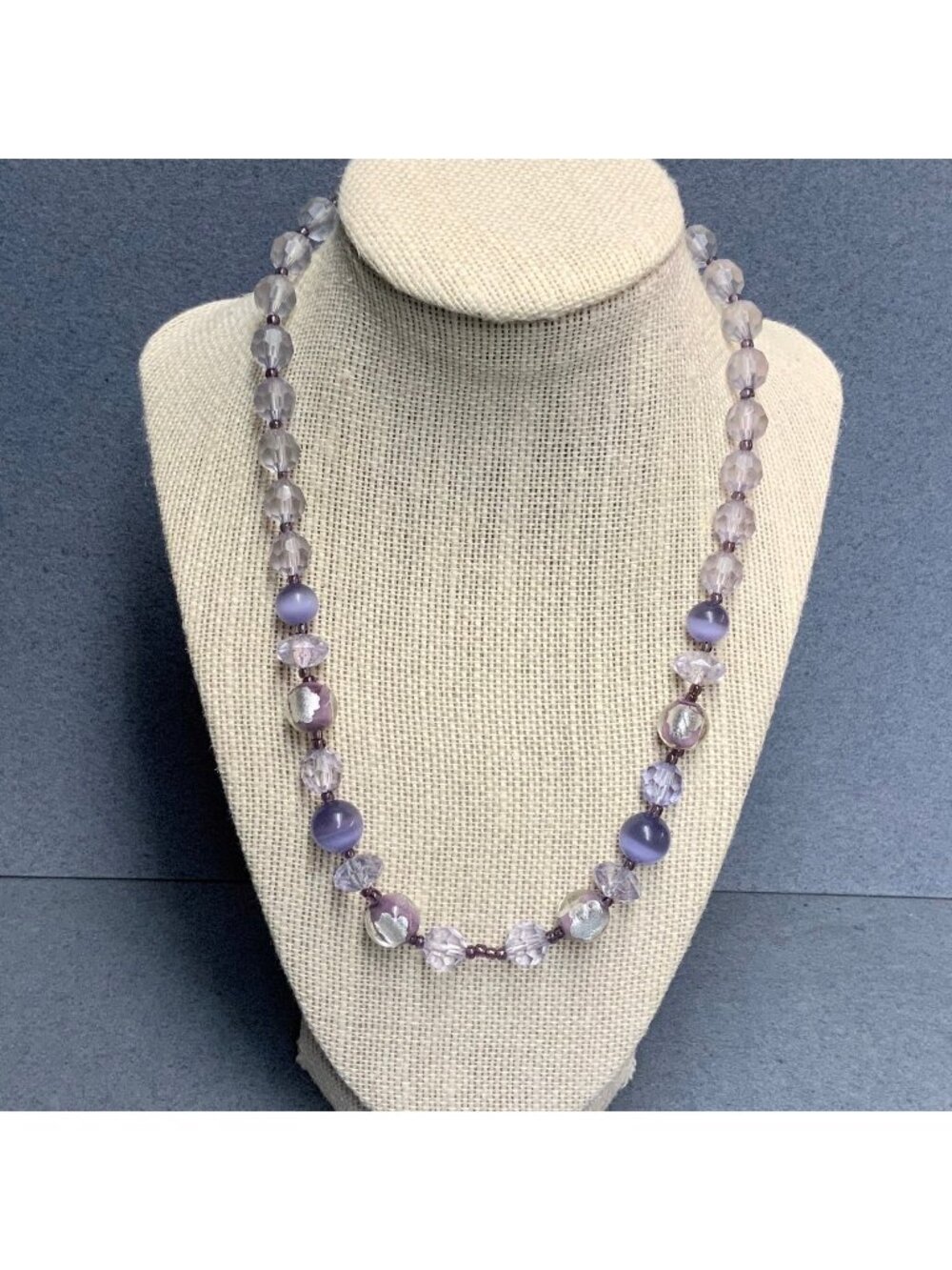 Moonstone Faceted Beaded Necklace 18 In Light Purple Iridescent Silver Foil Glam
